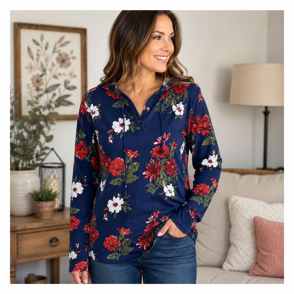 Denim & Flower M Womens Floral Hooded Top Navy Long Sleeve Lightweight